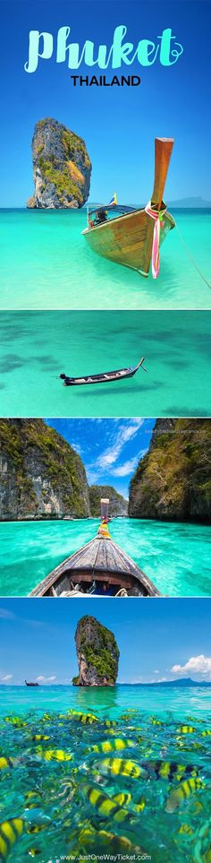 three different pictures of boats in the ocean with text that reads phukeet thailand