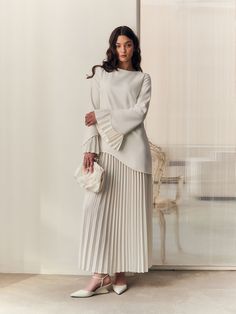 Maxi dress with pleated details :: LICHI - Online fashion store Chic Maxi Length Pleated Dress, Chic Pleated Maxi Dress, Chic Fitted Maxi Dress With Pleated Hem, Fall Long Sleeve Pleated Dress, Elegant Long Sleeve Midi Dress For Daywear, Elegant Long Sleeve Pleated Evening Dress, Modest Pleated Maxi Dress, Chic Bell Sleeve Maxi Dress For Fall, Chic Formal Maxi Dress With Accordion Pleats