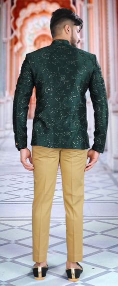 Green color Art Silk fabric Jodhpuri Suit : 1810838 Designer Nehru Jacket With Printed Motifs For Festivals, Cotton Bandhgala With Printed Motifs For Festive Occasions, Bollywood Style Festive Sherwani With Printed Motifs, Festive Green Chanderi Bandhgala, Festival Nehru Jacket With Printed Motifs, Designer Green Chanderi Nehru Jacket, Diwali Chanderi Nehru Jacket With Printed Motifs, Diwali Nehru Jacket With Printed Motifs In Chanderi, Diwali Printed Chanderi Nehru Jacket