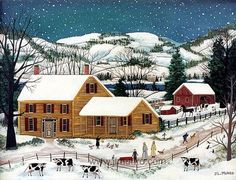 a painting of a cabin in the snow with people and cows by it's fence