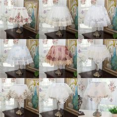 several pictures of different types of lamps with laces on them and flowers in vases