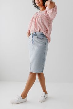 The 'Kyra' is another one of our very own exclusive denim skirts. Designed with everyday wear in mind, this skirt will pair well with just about any casual top in your wardrobe! This denim skirt is 100% cotton and does not have stretch, giving it a vintage vibe we love! Every woman needs a classic, straight denim skirt in her closet and this skirt is an excellent choice! Available in light or vintage wash. 100% Cotton Machine Wash Cold Gentle Cycle Do Not Bleach Hang to Dry Do Not Dry Clean Mode Casual Medium Wash Denim Midi Skirt, Casual High Waist Cotton Pencil Skirt, Spring Knee-length Lined Denim Skirt, Chic Medium Wash Cotton Mini Skirt, Cotton Mini Pencil Skirt For Day Out, Cotton Pencil Mini Skirt For Day Out, Cotton Denim Skirt In Medium Wash For Work, Medium Wash Cotton Denim Skirt For Work, Workwear Cotton Denim Skirt In Medium Wash