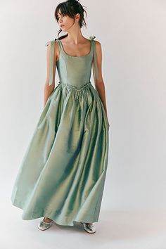 Louise New York Marie Dress Tied Straps Dress, Unique Corset Prom Dresses, Light Green Floor Length Dress, Drop Waist Bridesmaid Dress, Corset Drop Waist Dress, Fun Wedding Guest Dress, Drop Waist Corset Dress, Renessaince Dress, Sage Green Wedding Guest Dress