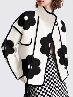 High Neck Women Printed Patchwork Jackets Fashion Black Flower Long Sleeve Lady Coat Casual Buttoned Autumn Outerwear 2024 New White Floral Print Outerwear For Fall, White Floral Print Winter Outerwear, Retro Floral Print Winter Outerwear, Trendy White Floral Print Outerwear, Womens Cropped Jacket, Soft Blazer, Diy Slippers, Denim Inspiration, Stand Collar Jackets