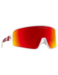 a pair of red and white sunglasses on a white background