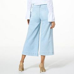 C Wonder by Christian Siriano Denim Wide Leg Cropped Jean  A cropped fit makes this versatile, wide-leg jean such a great choice for summer date nights and casual days, too. The super stretch denim provides an easy, flattering fit that's a breeze to wear. Trendy Summer Flare Jeans With Relaxed Fit, Chic Medium Wash Cotton Flare Jeans, Spring Trendy Wide Leg Flare Jeans, Trendy Wide Leg Flare Jeans For Spring, Chic Wide-leg Jeans For Spring, Trendy Light Wash Flare Jeans For Summer, Trendy Summer Light Wash Flare Jeans, Summer Light Wash Flare Jeans, Wide Leg Jeans With Frayed Hem For Day Out