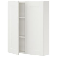 a white cabinet with two doors and shelves