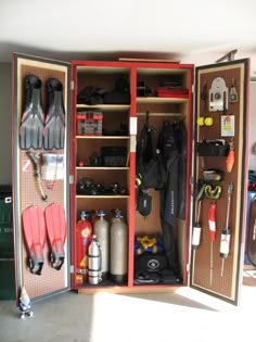 an open storage cabinet filled with lots of items