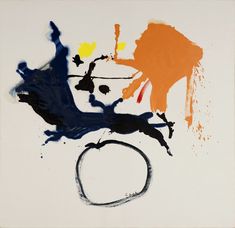 an abstract painting with blue, orange and yellow colors on white paper in the background