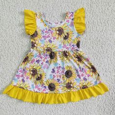 Baby girls sunflower ruffle dresses Playful Ruffle Sleeve Twirl Dress For Summer, Playful Summer Twirl Dress With Ruffle Sleeves, Playful Twirl Dress With Ruffle Sleeves For Summer, Cute Floral Dress With Flutter Sleeves And Ruffles, Playful Summer Floral Dress With Ruffles, Yellow Cotton Dress With Ruffle Hem, Summer Ruffle Sleeve Twirl Dress With Ruffles, Summer Twirl Dress With Ruffle Sleeves, Cute Yellow Twirl Dress For Summer