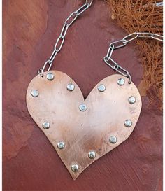 Big copper riveted casual statement necklace Valentine's Day Heart Pendant Necklaces, Soldered Copper Rose Gold Necklace, Unique Hand Forged Necklace With Heart Pendant, Rose Gold Soldered Copper Necklaces, Heart-shaped Silver Copper Jewelry, Rose Gold Soldered Copper Necklace, Silver Heart-shaped Copper Jewelry, Metal Heart Pendant Necklace With Soldered Details, Hand Forged Silver Heart Necklace