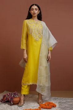 Shop for Neha Poddar Yellow Yoke Embroidered Kurta Set for Women Online at Aza Fashions Brocade Dupatta, Wine Garden, Pink Brocade, Placement Embroidery, Red Kurta, Traditional Attires, Kurta Set For Women, Placement Print, Embroidered Border