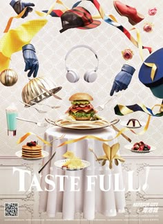 the cover of tasteful magazine features food and headphones on top of a table