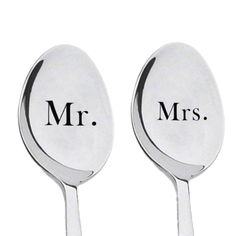 two spoons with the words mr and mrs on them