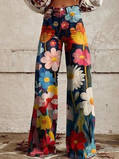 Women's Colorful Flower Geometric Pattern Print Casual Wide Leg Pants Hip Huggers, Pants Elegant, Expensive Dresses, Vintage Mermaid, Casual Wide Leg Pants, Denim Patterns, Printed Wide Leg Pants, Dress Out, Bell Bottom Pants