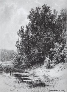 a drawing of a man standing in the snow by a stream with trees on either side