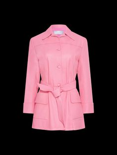 Constructed from supple pink leather, the Somerset trench is your quintessential statement outerwear. Complete with self-covered buttons and a belt that nips you in at the waist. The inside consists of a soft pink-to-red ombré lining, for a pop of color when worn open. The Short Trench silhouette is made to fit relaxed and tie tightly, so it can be easily layered over any outfit while retaining its flattering shape. Pink Lapel Collar Outerwear With Hidden Buttons, Luxury Pink Blazer With Lapel Collar, Luxury Pink Blazer With Notch Lapel, Pink Outerwear With Double Button And Lapel Collar, Luxury Pink Single Breasted Outerwear, Luxury Pink Single-breasted Outerwear, Formal Spring Outerwear With Self Belt, Pink Long Sleeve Business Outerwear, Pink Outerwear With Double Button Closure For Business