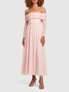 Silk georgette off-the-shoulder dress - Giambattista Valli - Women | Luisaviaroma Off-shoulder Pre-draped Wedding Dress, Formal Off-shoulder Chiffon Dress, Cocktail Dress With Straight Neckline And Pre-draped Style, Elegant Off-shoulder Chiffon Dress, Formal Off-shoulder Chiffon Evening Dress, Flowy Off-shoulder Formal Maxi Dress, Flowy Off-shoulder Maxi Dress For Formal Occasions, Pre-draped Chiffon Gala Dresses, Pre-draped Off-shoulder Maxi Dress For Gala