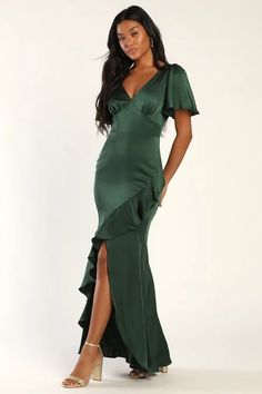 Dresses for Women | Best Women's Dresses Online - Lulus Satin Emerald Bridesmaid Dress, Emerald Green Dresses Formal, Green Satin Dress For Wedding, Off The Shoulder Dress Formal, 7 Bridesmaids, Formal Dress With Sleeves, Green Wedding Guest Dresses, Shower Snacks, Formal Wedding Attire