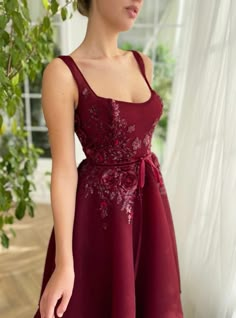 Maroon Promenade Midi Dress | Teuta Matoshi Formal Dress With Illusion Sweetheart Neckline, Elegant Tulle Cocktail Dress, Elegant Midi Dress With Sheer Fitted Bodice, Evening Square Neck Corset Dress, Evening Corset Dress With Square Neck, Evening Corset Dress With Square Neck And Fitted Bodice, Square Neck Corset Dress For Prom, Elegant Tulle Dress With Illusion Neckline, Elegant Midi Dress With Boned Bodice And Square Neck