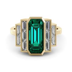 You're royal, unique, and absolutely stunning at every moment with our most exquisite vintage emerald ring!  This original vintage-designed ring features a breathtaking natural baguette-cut emerald, accompanied by no less than 10 stunning Diamonds .   This ring, weighing between 8-10 grams of gold, is meticulously handcrafted.  Set by a jeweler with over 40 years of experience, this is a true luxury, rich and royal jewel that will amaze you and anyone who sees it.  This ring leaves a particularl Bijoux Art Deco, Delicate Gold Ring, Bijoux Art Nouveau, Art Deco Rings, Smaragd Ring, Deco Rings, Art Deco Jewellery, Emerald Rings, Colored Engagement Rings