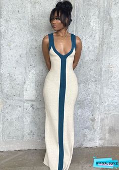 Buy Women's Sexy V-Neck Wide Shoulder Strap Contrasting Color Slim Chic Dress Beach Holidays Long Dress at BestDealBuys.com. Wholesale prices! Black Woman Aesthetic, Woman Aesthetic, Beach Holidays, Finding My Style, Dress Beach, Signature Look, Wardrobe Ideas, Beach Holiday, Beach Dresses