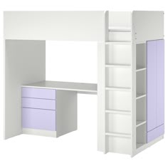 a white loft bed with purple drawers and shelves