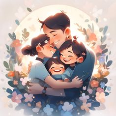 three people hugging each other in front of a full moon with flowers and leaves around them