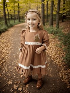 ✿ABOUT THIS DRESS  ✓This vintage style hand-embroidered organic linen girls' dress is perfect for a boho look that is both stylish and comfy. ✓The long-sleeve design ensures your little one will be cozy and warm as well as look effortlessly stylish. ✓The lightweight organic linen material is breathable and comfortable, making this dress the perfect choice for all seasons. ✓With this set you can create a sibling combo if you want, you can reach our overalls for boys from the link below the produc Cotton Dress With Embroidered Hem For Fall, Cotton Fall Dress With Embroidered Hem, Fall Cotton Dress With Embroidered Hem, Brown Embroidered Cotton Dresses, Peasant Style Brown Dresses For Fall, Brown Peasant Dress For Fall, Cotton Prairie Dress For Fall In Cottagecore Style, Cotton Cottagecore Prairie Dress For Fall, Cottagecore Cotton Prairie Dress For Fall