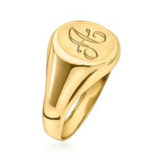 Ross-Simons - Single-Initial - 14kt Yellow Gold Signet Ring Size 8. The classic signet ring is back! Finely crafted in brushed and polished 14kt yellow gold, this is a timeless addition to any stylish collection - and also makes a great gift! Make it personal with a FREE engraving of a single initial in your choice of block or script type. 3/8" wide. 14kt yellow gold personalized signet ring. Classic Formal Initial Ring Stamped 14k, Classic Formal Signet Ring With Initials, Classic Signet Ring With Initials, Classic Yellow Gold Signet Ring With Initials, Timeless Formal Signet Ring With Initials, Formal Yellow Gold Initial Ring, Classic Formal Initial Ring With Polished Finish, Classic Formal Signet Ring With Smooth Finish, Classic Initial Ring With Polished Finish For Formal Occasions