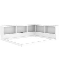 a white corner shelf unit with shelves on each side and no doors in the middle