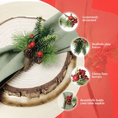 a close up of a cake on a plate with pine cones and holly wreaths