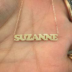 "This unique personalized block font single name cut-out necklace is composed of 14K solid gold and beautifully complemented by a durable 14K solid gold adjustable chain. This design is also available to be purchased as a charm alone without the chain. NOTE: The item will be made in the exact casing of the characters entered. Please be mindful of this detail when providing the customization desired. ♦Name Dimensions: approximately 3 to 4mm high x width depending on the names desired ♦ Pendant Th Customized 14k Rose Gold Name Necklace, Personalized 14k Gold Necklace With Names, Custom 14k Gold Necklace With Names For Personalized Gift, Rose Gold 14k Personalized Name Necklace, Yellow Gold Custom Name Necklace With Initial Pendant, Personalized Rose Gold 14k Name Necklace, 14k Gold Custom Name Necklace For Personalized Gift, 14k Rose Gold Name Necklace For Personalized Gift, Personalized 14k Rose Gold Name Necklace