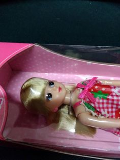 a doll is laying in a pink box