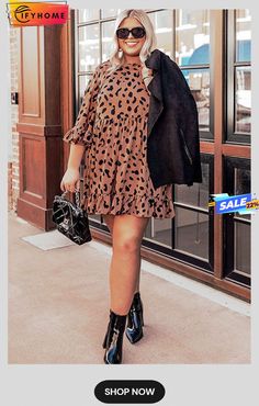 Plus Size Leopard Shift Dress with Ruffle Plus Size Shift Dress, Leopard Shirt, Floral Halter Dress, Khaki Fashion, Ruffles Fashion, Chic Pattern, Black Leopard Print, Ribbed Midi Dress, Leopard Dress