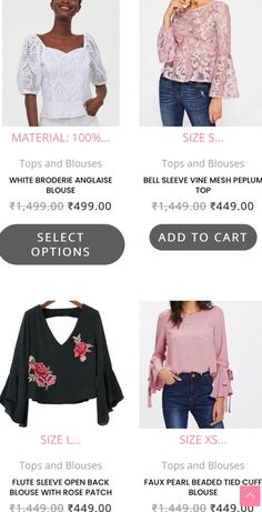 an ad for tops and blouses with prices on the bottom right hand corner,