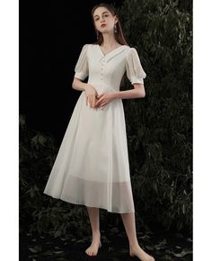 Buy retro tea length chiffon party dress with collar bubble sleeves at wholesale price online. Free shipping and pro custom service since 2009. Elegant Short Sleeve Chiffon Dress For Garden Party, Elegant Vintage Chiffon Dress For Spring, Elegant Chiffon Vintage Dress For Spring, White Chiffon Short Sleeve Party Dress, Bubble Sleeve Dress, Elegant Chiffon Midi Dress With Puff Sleeves, Fitted Chiffon Short Sleeve Dress For Banquet, Chiffon Midi Dress With Sheer Sleeves, Elegant Chiffon Midi Dress For Garden Party