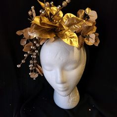 This gorgeous statement piece can be used on so many different occasions! Look like a lady from Bridgerton with a golden or silver, one of a kind, custom made to order headpiece that will wow.   New Year's Eve headpiece, a  crown for your costume, Wedding Headpiece,  Kentucky Derby fascinator, etc! You are sure to get a million compliments with this show stopping accessory.   Headband is one size fits all, gold adornments, glitter. Gold Fitted Headpieces For Formal Occasions, Elegant Gold Costume Hats And Headpieces For Ceremonial, Elegant Fitted Costume Hats And Headpieces For Celebration, Gold Mini Hats With Structured Crown For Evening, Elegant Fitted Costume Hats For Celebration, Gold Costume Hats With Structured Crown For Evening, Vintage Gold Costume Hat For Weddings, Gold Pinched Crown Hat For Evening, Elegant Gold Costume Hats And Headpieces For Party