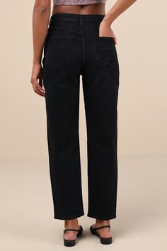 Let the Just Black Authentic Vibes Washed Black High-Rise Tapered Barrel Jeans show off your trend-setting style! Slightly stretchy, washed black denim shapes these effortless jeans with a high-waisted design, complete with belt loops, a five-pocket cut, and a hidden zip fly with a top button closure. The wide, barrel-inspired pant legs fall to tapered hems for an on-trend silhouette. Fit: This garment fits true to size. Length: Ankle length. Size 28 measures 26" from waist to hem. Inseam: 28.00 Classic High Rise Black Jeans, Classic Black Straight Fit Jeans, Trendy Black Straight Jeans, High Rise Straight Fit Black Jeans, Black High Rise Straight Fit Jeans, Black Straight Leg Jeans For Work, Classic Black Mid-rise Jeans, Non-stretch Black Jeans, Black Elastane Jeans For Fall