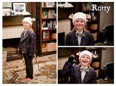 three pictures of a young boy wearing a hat and bow tie, with the caption harry potter