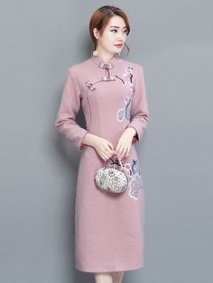 Pink Embroidered Qipao / Cheongsam Dress in Wool Blend Chinese Dress Modern, Qun Kwa, Chinese Brocade, Chinese Clothes