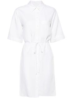 white lyocell-linen blend silver-tone logo plaque classic collar front button fastening short sleeves chest patch pocket detachable waist belt unlined straight hem thigh-length Calvin Klein Shorts, Versace Outfit, Yoko London, Water Consumption, City Dress, Summer Beach Wear, Harmful Chemicals, Environmental Impact, Lady Dior