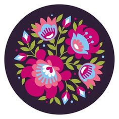 a black circle with pink and blue flowers on it