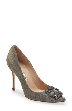 Manolo Blahnik Hangisi Jeweled Pointed Toe Pump (Women) | Nordstrom Manolo Blahnik Pumps, Shoe Heels, Manolo Blahnik Hangisi, Blue Pumps, Pink Pumps, Satin Pumps, Bridal Parties, Dark Gold, Stiletto Pumps