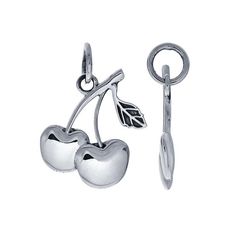 This sterling silver charm features two cherries and an oxidized leaf. Create an earring drop or pendant, or add it to complex necklace and bracelet designs made with chain and cord. A closed ring is included. Cherry Drawing, Earring Drop, Necklace And Bracelet, Sterling Silver Charm, Bracelet Designs, Locket, Phone Numbers, Cherry, Drop Earrings