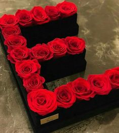 the letter e is made out of red roses and black velvet with gold lettering on it