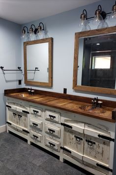 Goliath Reclaimed Double Sink Bathroom Vanity in Rustic White Finish with Medium Walnut countertop with copper oval drop-in sinks Farm Style Bathroom Vanity, Large Bathroom Vanities Master Bath, Diy Double Bathroom Vanity, Double Sink With Vanity In Middle, Master Bath Farmhouse Style, Backsplash Bathroom Vanity, Country Rustic Bathroom Ideas, Rustic Bathroom Sink Ideas, Master Bath Vanity Ideas Double Sinks