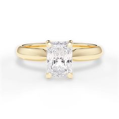 a yellow gold engagement ring with a princess cut diamond in the center, and a thin band