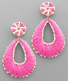 These earrings add a great pop to every outfit! Metal Raffia Post 2.75" L Trendy Teardrop Earrings For Spring, Summer Teardrop Earrings, Spring Trendy Teardrop Earrings, Pink Teardrop Earrings For Beach, Trendy Pink Teardrop Earrings, Aesthetic Earrings, Jeweled Earrings, Crochet Art, Flower Jewellery