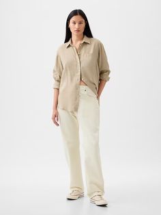 100% Linen Big Shirt | Gap Tan Oversized Button Up Shirt Outfit, Gap Linen Summer Shirt, Gap Linen Spring Shirt, Gap Linen Shirt For Spring, Spring Linen Shirt By Gap, Gap Linen Button-up Shirt, Gap Linen Tops For Workwear, Gap Linen Shirt With Relaxed Fit, Gap Relaxed Fit Linen Shirt